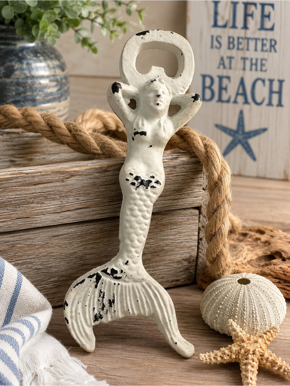 Vintage Cast Iron Mermaid Bottle Opener Nautical Coastal Decor 7.5”